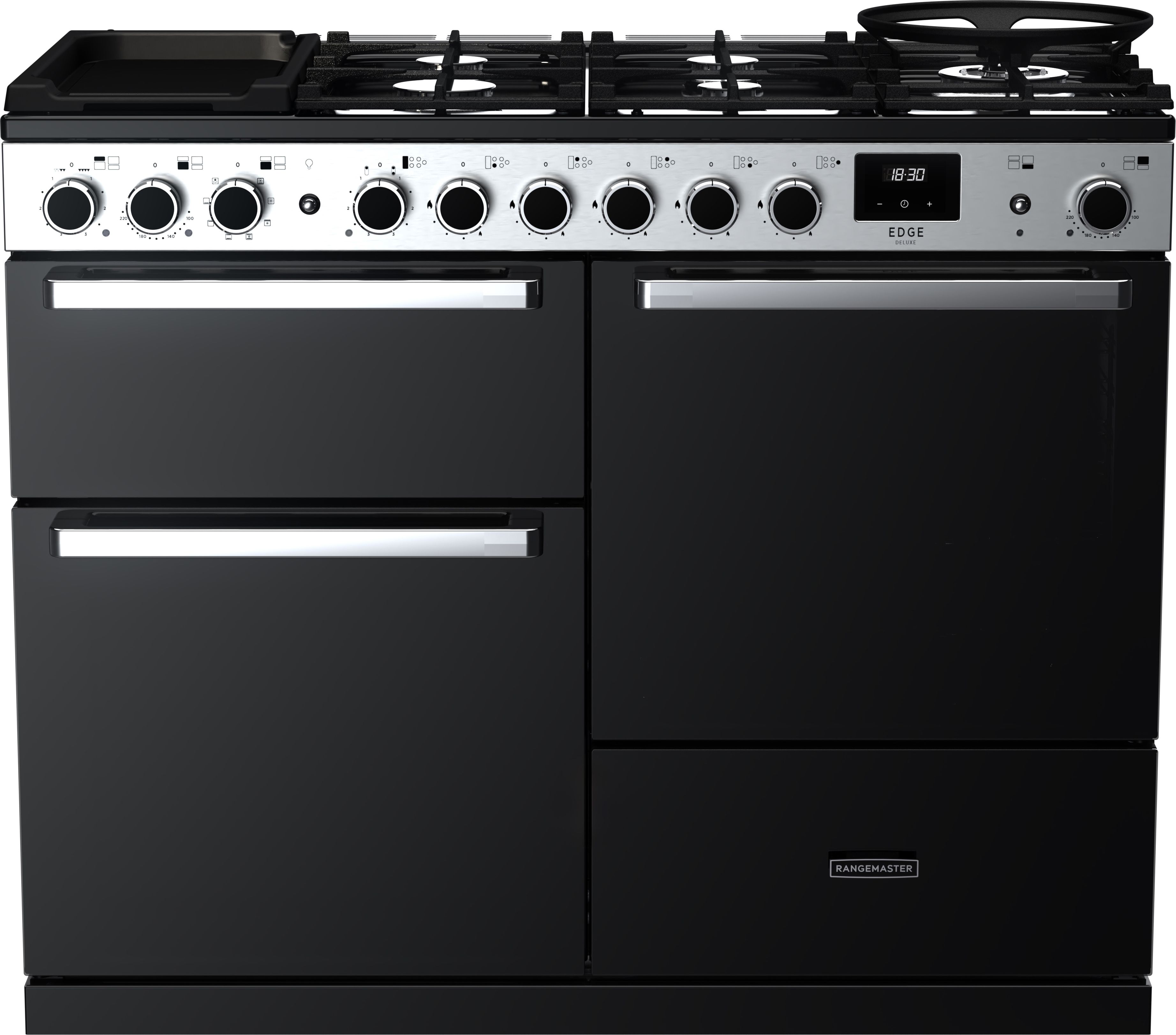 Image of Rangemaster Edge Deluxe EDDLO110DFGBLK/CM1 110cm wide Dual Fuel Range Cooker with Gas Hob - Black Glass / Chrome - A/A Rated, Black