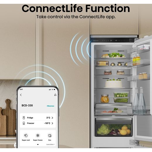 Hisense InvisibleFresh RB5B280SSWC Wifi Connected 193cm 60/40 Integrated Fridge Freezer with Fixed Door Fixing Kit - White - Annotation - ConnectLife function