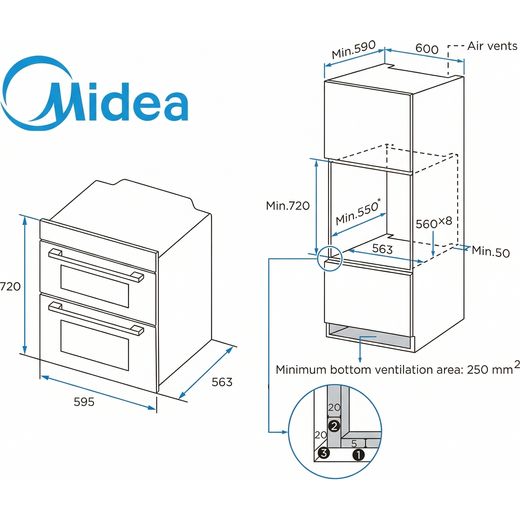 Midea MBOD50M3AD0-BK Built In Electric Single Oven - Black - Dimensions