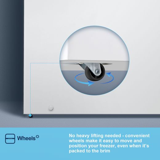 Fridgemaster Chest Freezer - White - Annotation - Wheels shot