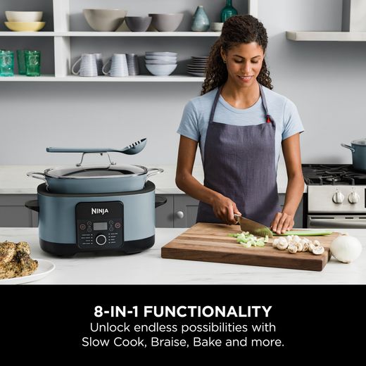 Ninja Foodi 8-in-1 PossibleCooker MC1001UK 8 Litre Multi Cooker - Sea Salt Grey - Annotation - 8 in 1 function shot