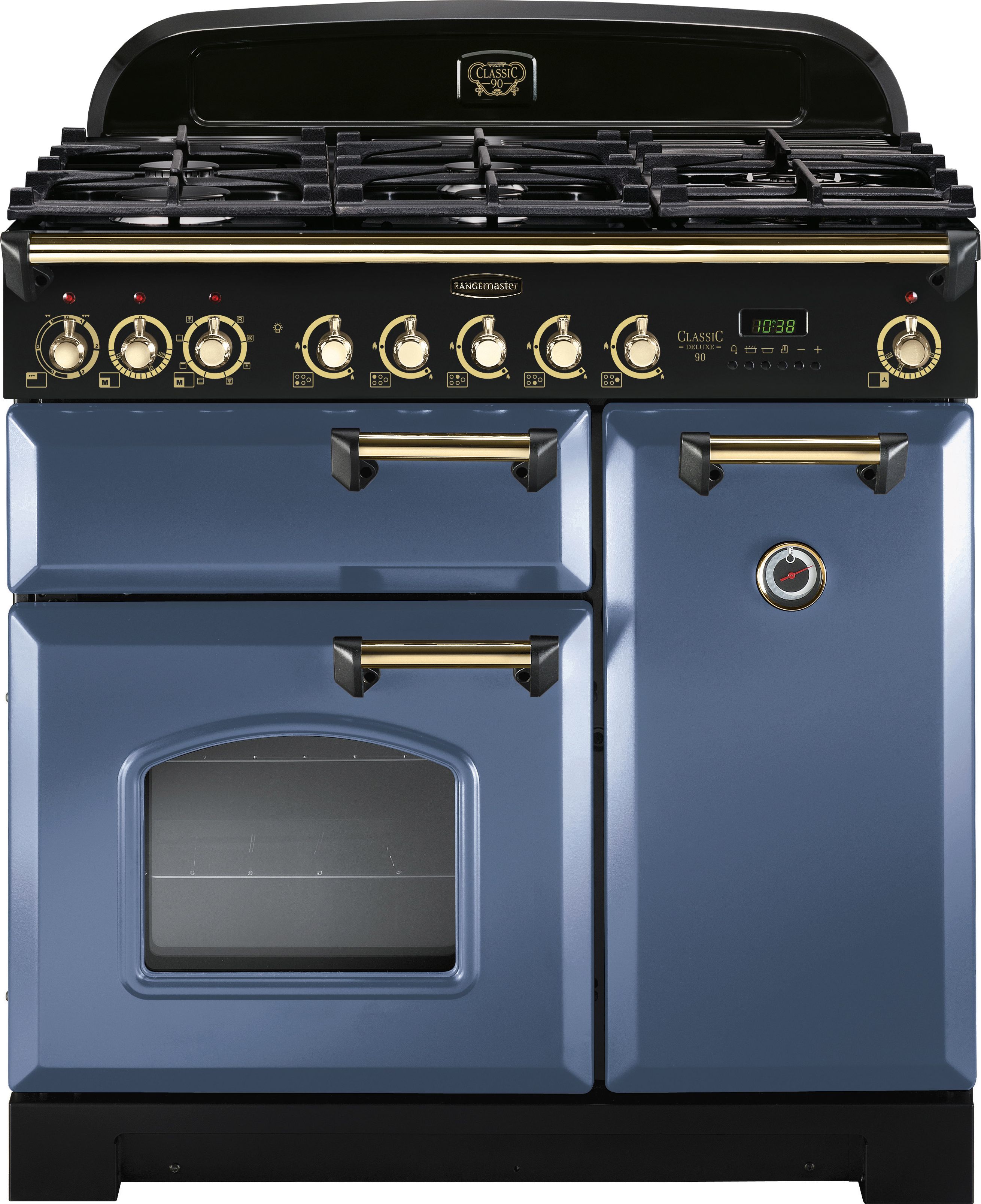 Rangemaster Classic Deluxe CDL90DFFSB/B 90cm Dual Fuel Range Cooker - Stone Blue / Brass - A/A Rated, Blue