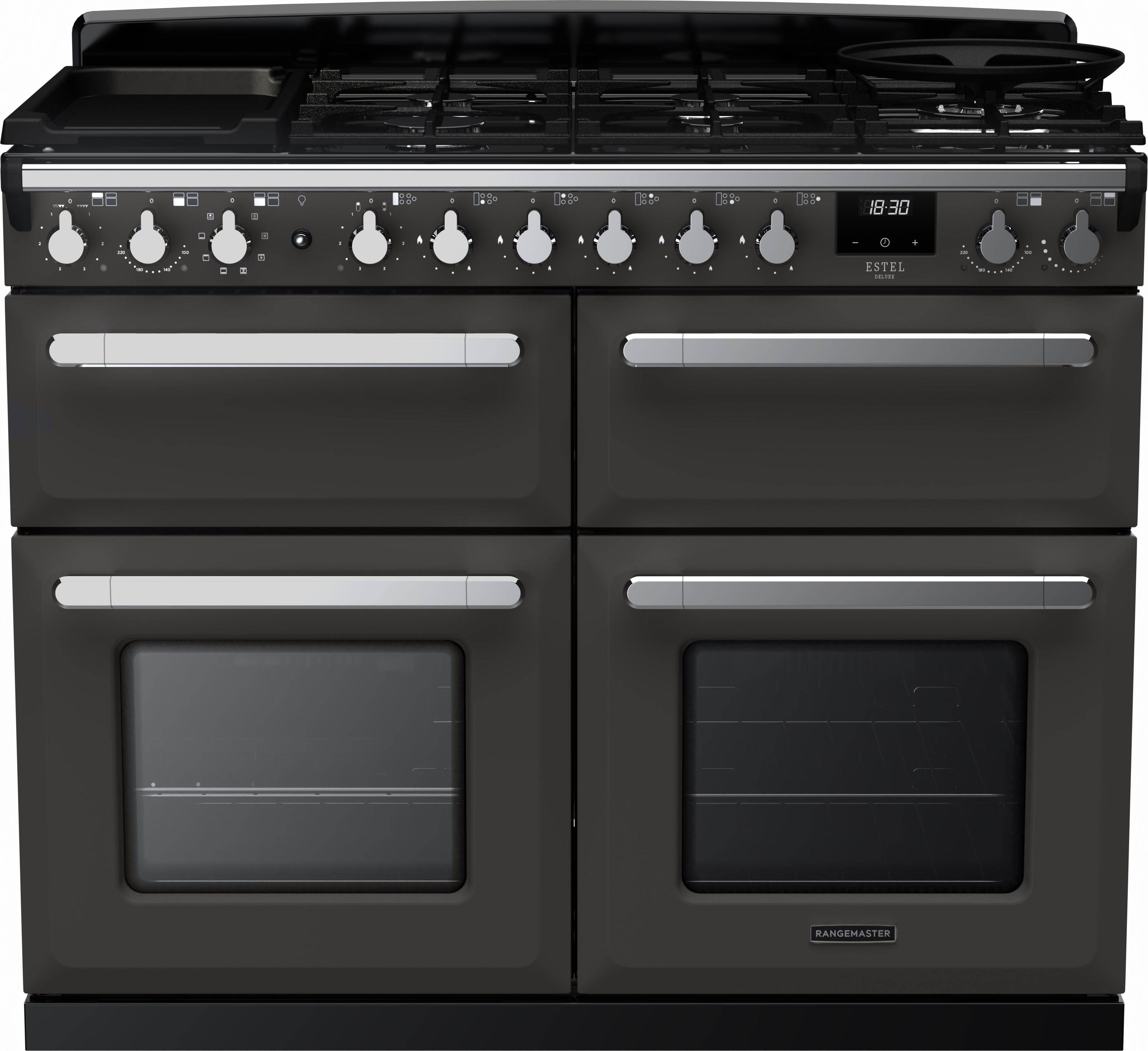 Image of Rangemaster Estel Deluxe ESDLB110DFPSLT/CM1 110cm wide Dual Fuel Range Cooker with Gas Hob - Slate / Chrome - A/A Rated, Grey