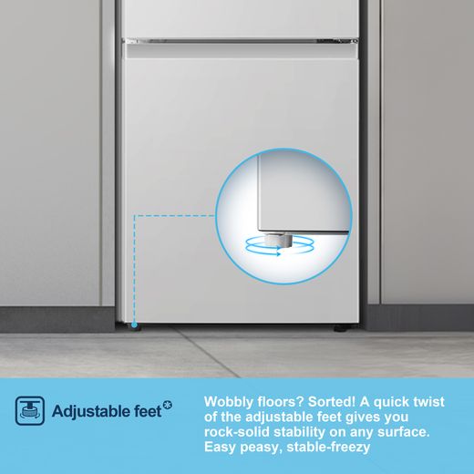 Fridgemaster MC50165E 143cm 60/40 Small Fridge Freezer - White - Annotation - Adjustable feet shot1