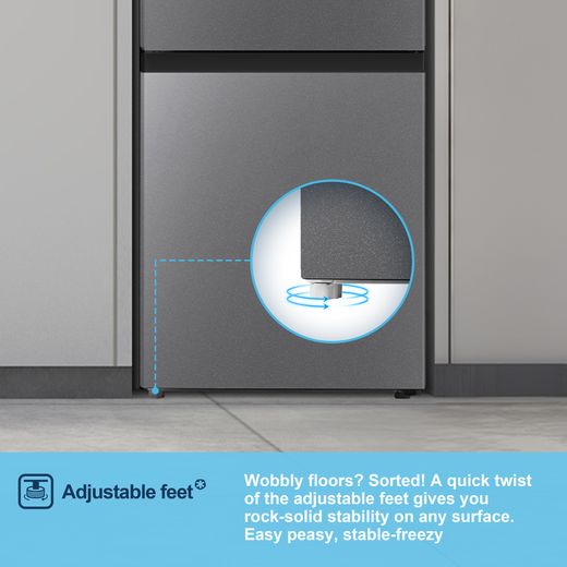 Fridgemaster MC50165ES 143cm 60/40 Small Fridge Freezer - Silver - Annotation - Adjustable feet shot