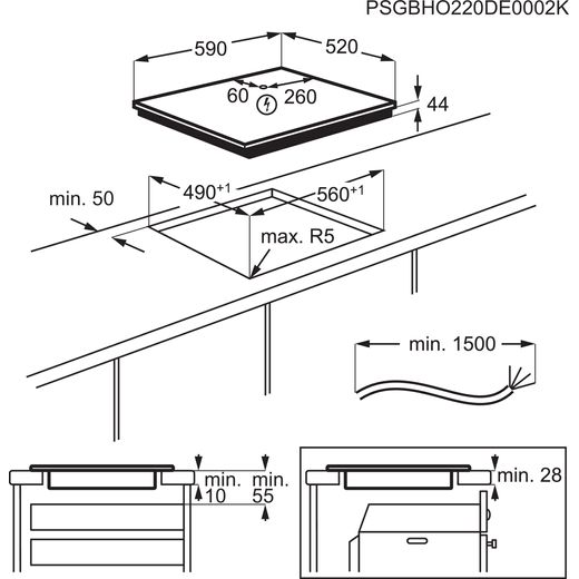 AEG SaphirMatt TO64IB00FZ 60cm Induction Hob - Matt Black - Annotation - Dimension shot