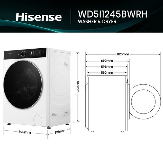 Hisense KitchenFit 5i Series WD5I1245BWRH Wifi Connected / 8Kg Washer Dryer with 1400 rpm - White - Annotation - dimension shot