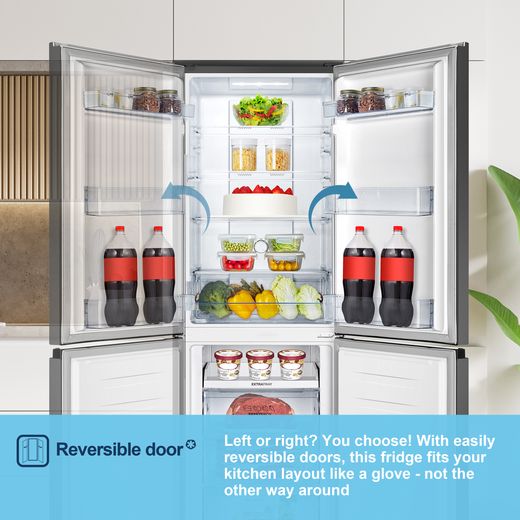 Fridgemaster MC55251DB 182cm 50/50 Frost Free Fridge Freezer - Black - Annotation - Reversable door shot
