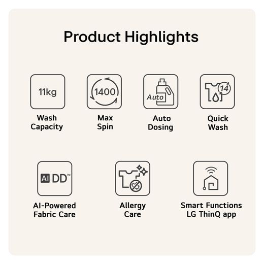 LG Series 5 AI Direct Drive™ F4X5511THB 11kg Washing Machine with 1400 rpm - White - Annotation - Product highlights