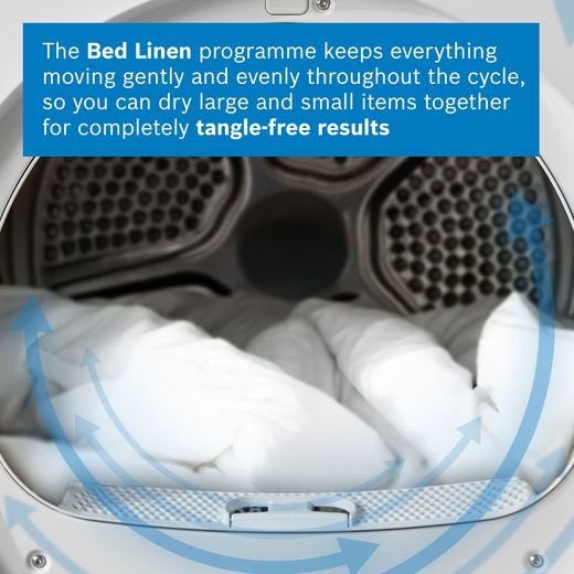 Bosch Series 6 WQG24502GB 9Kg Heat Pump Tumble Dryer - White - Annotation - bed linen shot