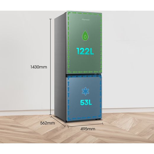 Fridgemaster MC50165ES 143cm 60/40 Small Fridge Freezer - Silver - Annotation - Dimension shot