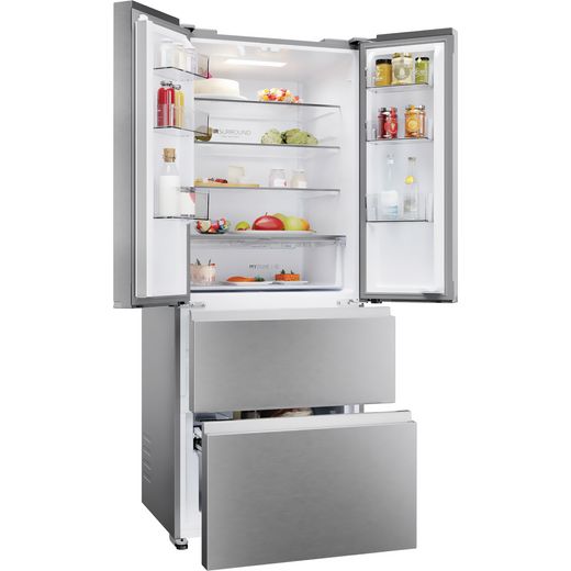 Haier French Series 3 American Fridge Freezer - Platinum Inox - Doors and drawers open