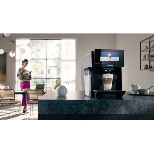 Siemens TQ903GB9 Bean to Cup Coffee Machine - Black - Coffee machine in kitchen making latte shot