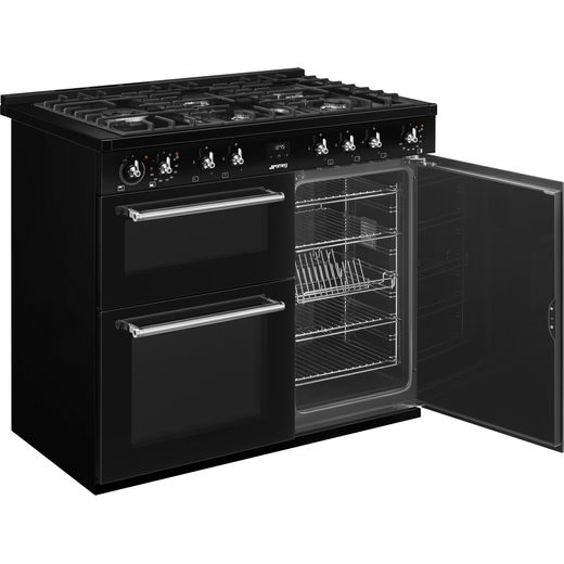 Smeg Concert 100cm Dual Fuel Range Cooker - Black -Right perpsective with door open shot 