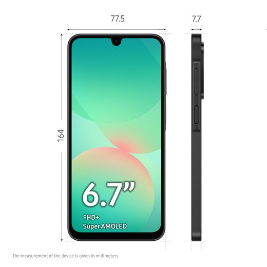 Samsung Galaxy A26 5G Smartphone in Black - Dimensions