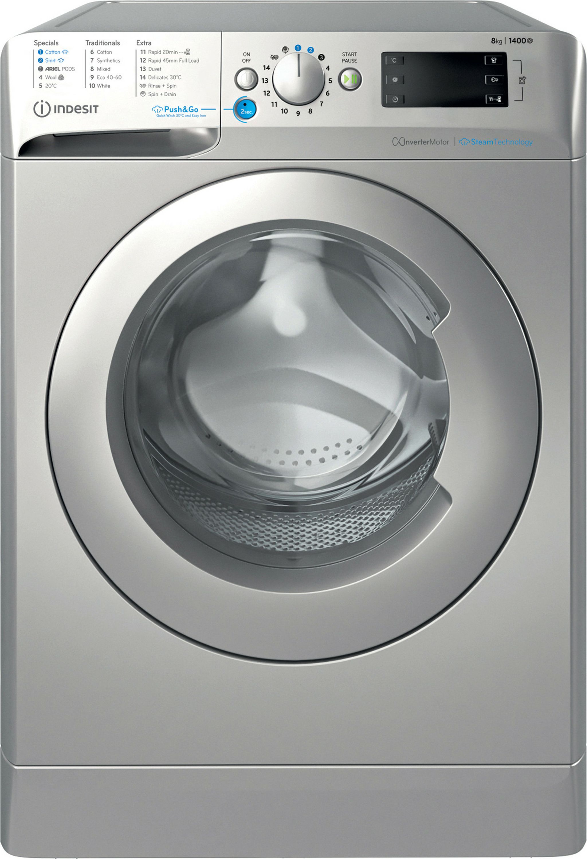 Indesit Push&Go BWE 81496X SV UK 8kg Washing Machine with 1400 rpm - Silver - A Rated, Silver