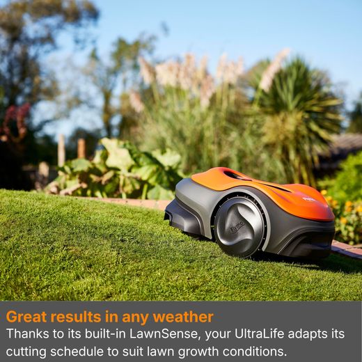 Flymo ULTRALIFE 1500 Robotic Lawn Mower - Orange - annotation - great results shot