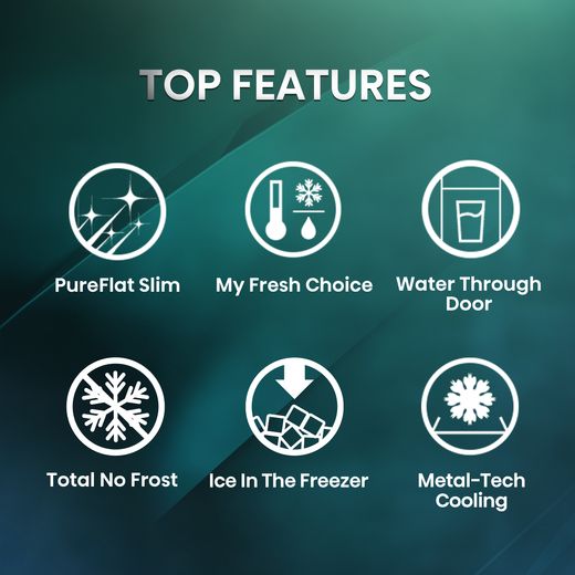 Hisense PureFlat Slim American Fridge Freezer - Black / Stainless Steel - Annotation - top features shot 