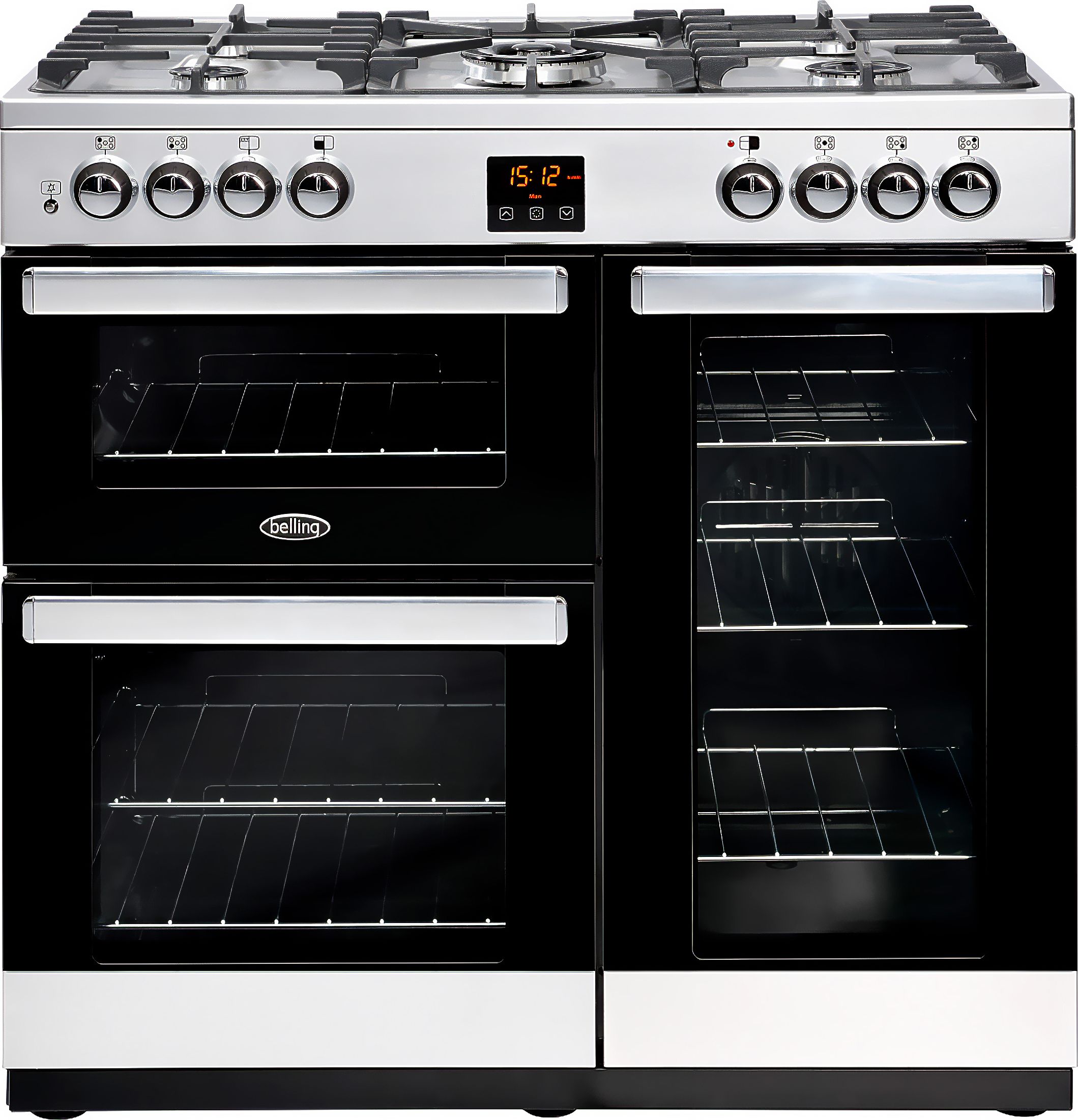 Belling CookcentreX90G 90cm Gas Range Cooker with Electric Fan Oven - Stainless Steel - A/A Rated, Stainless Steel