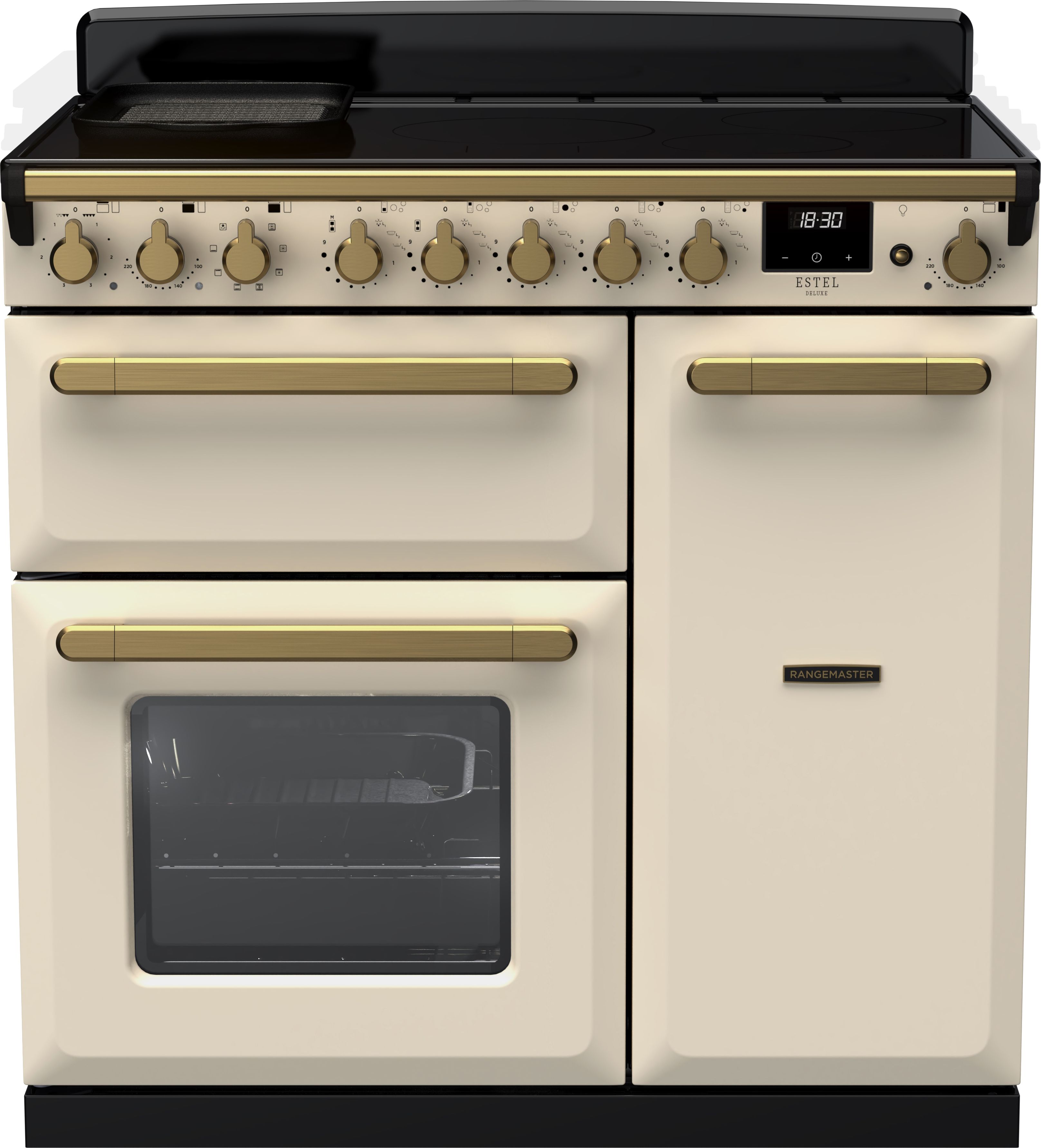Image of Rangemaster Estel Deluxe ESDL90EIPPCR/AB1 90cm wide Electric Range Cooker with Induction Hob - Cream / Antique Brass - A/A Rated, Cream