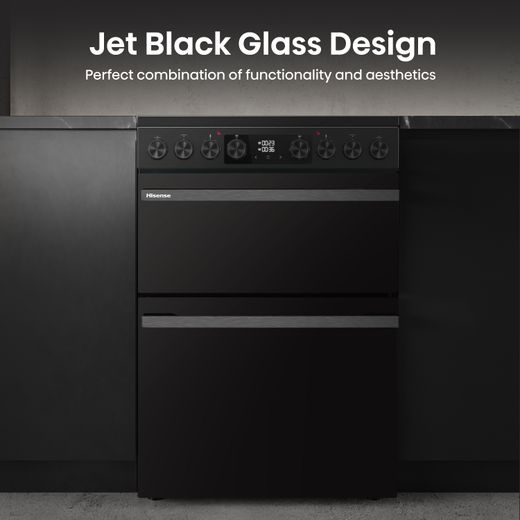Hisense Hi6 Max HDCEC6C20B 60cm Wide Double Oven Electric Cooker with Ceramic Hob - Jet Black - Annotation - Jet black glass design