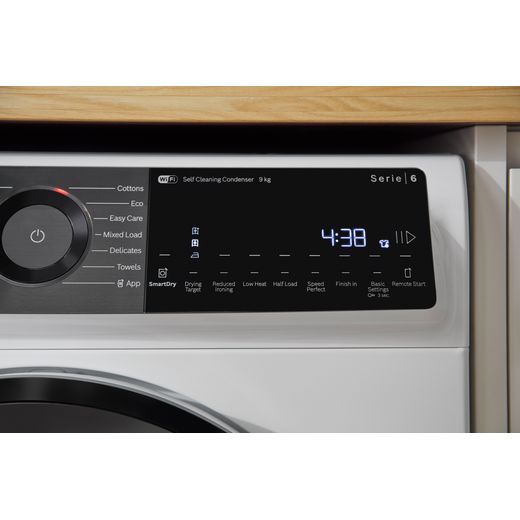 Bosch Series 6 WQH246D9GB 9Kg Heat Pump Tumble Dryer - White - close up control shot