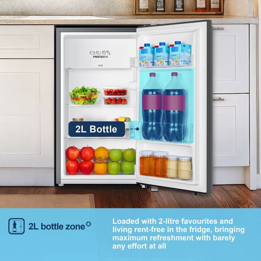 Fridgemaster MUR4894ES Compact 84cm Fridge with Ice Box - Stainless Steel - Annotation - bottle zone shot
