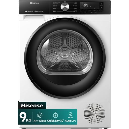 Hisense 3S Series DH3S902BWCC Wifi Connected 9Kg Heat Pump Tumble Dryer - White - front shot