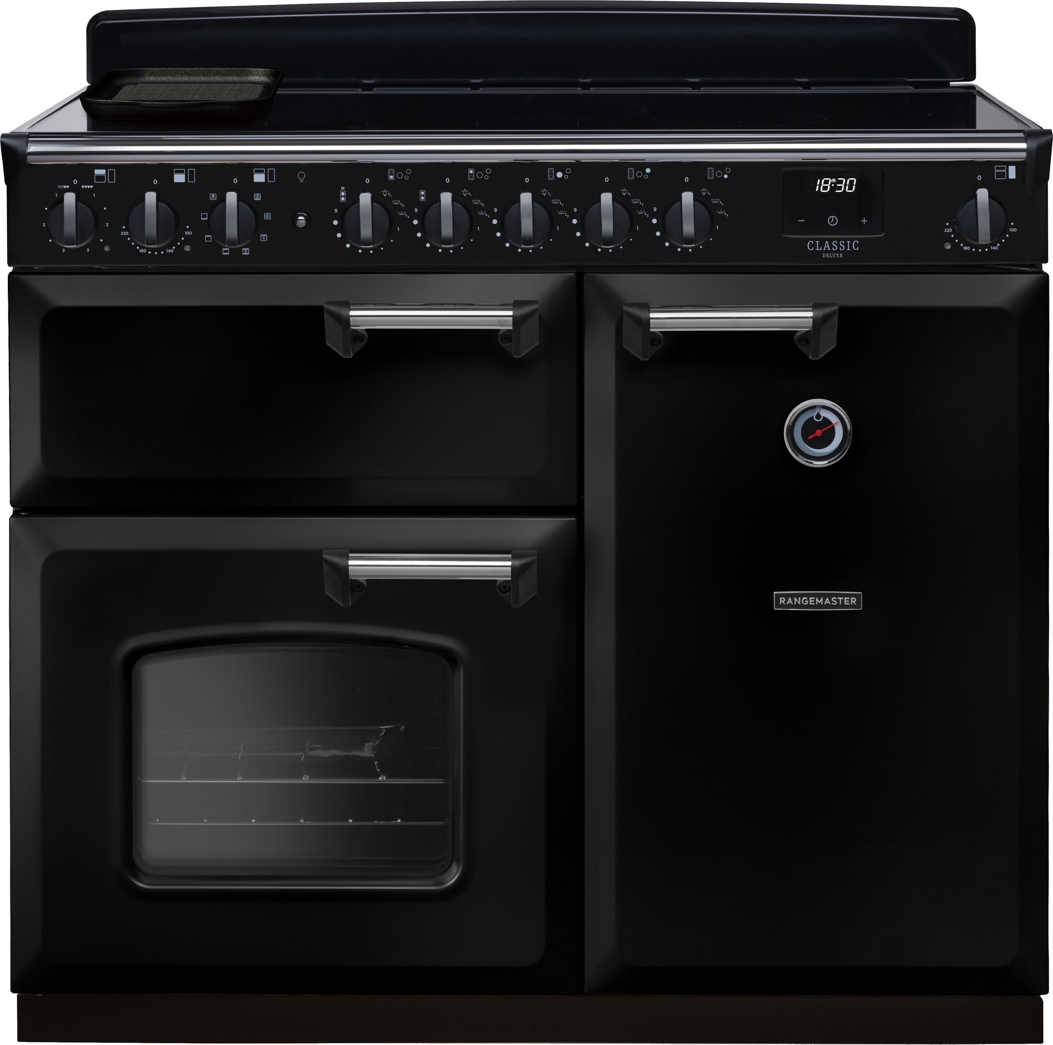 Image of Rangemaster Classic Deluxe CLDL100EIPGBL/CM1 100cm wide Electric Range Cooker with Induction Hob - Black / Chrome - A/A Rated, Black