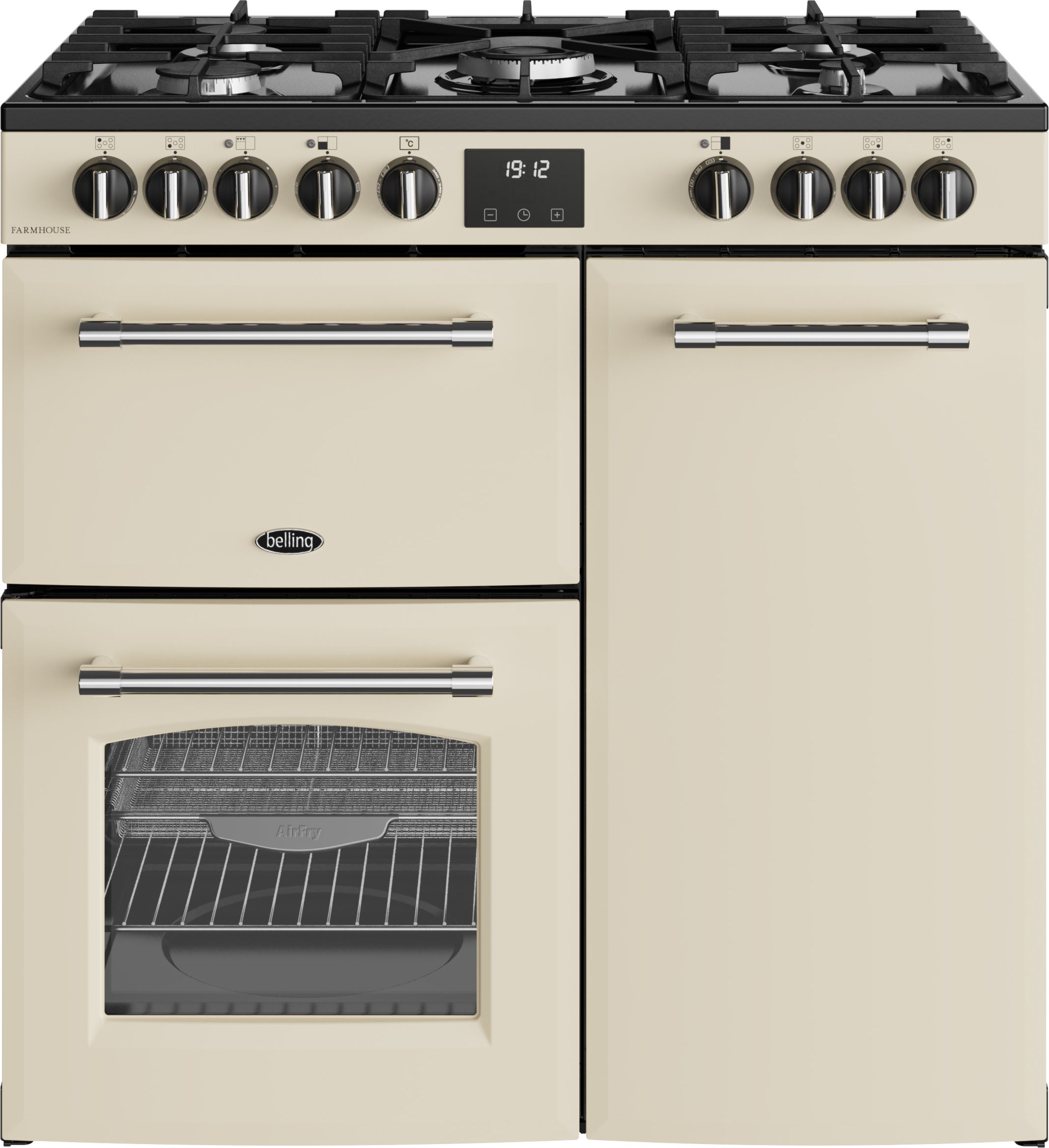 Image of Belling Farmhouse 90DF 90cm wide Dual Fuel Range Cooker with Gas Hob - Cream - A/A Rated, Cream