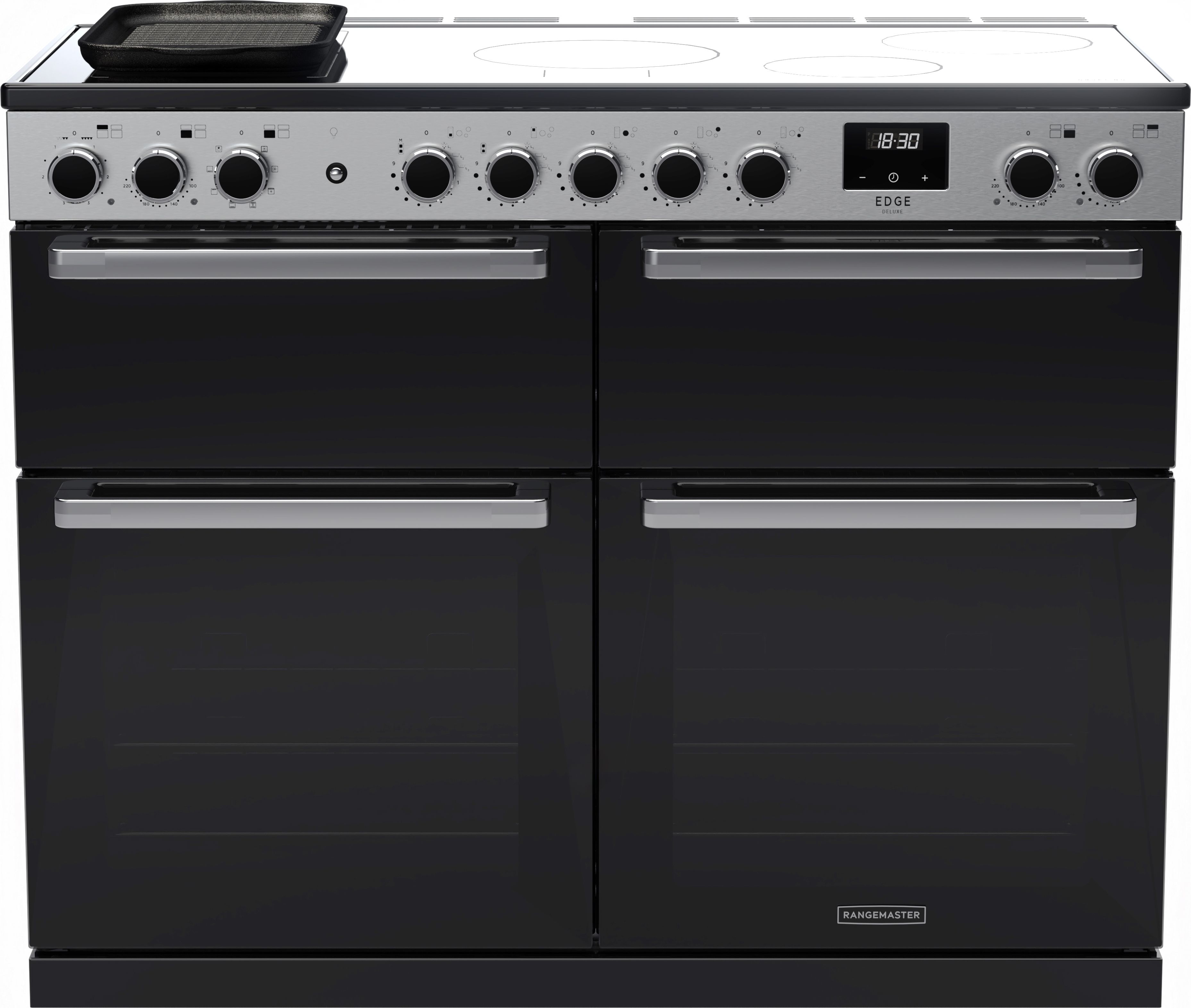Image of Rangemaster Edge Deluxe EDDLB110EIGBLK/CM1 110cm wide Electric Range Cooker with Induction Hob - Black Glass / Chrome - A/A Rated, Black
