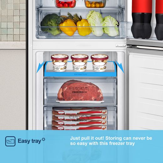 Fridgemaster MC55251DE 182cm 50/50 No Frost Fridge Freezer - White - Annotation - Easy tray shot