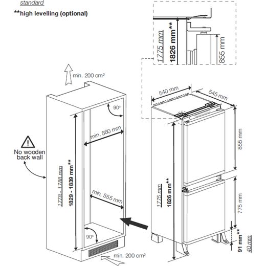 Beko Integrated 50/50 Frost Free Fridge Freezer with Sliding Door Fixing Kit - White - Annotation - Dimension shot