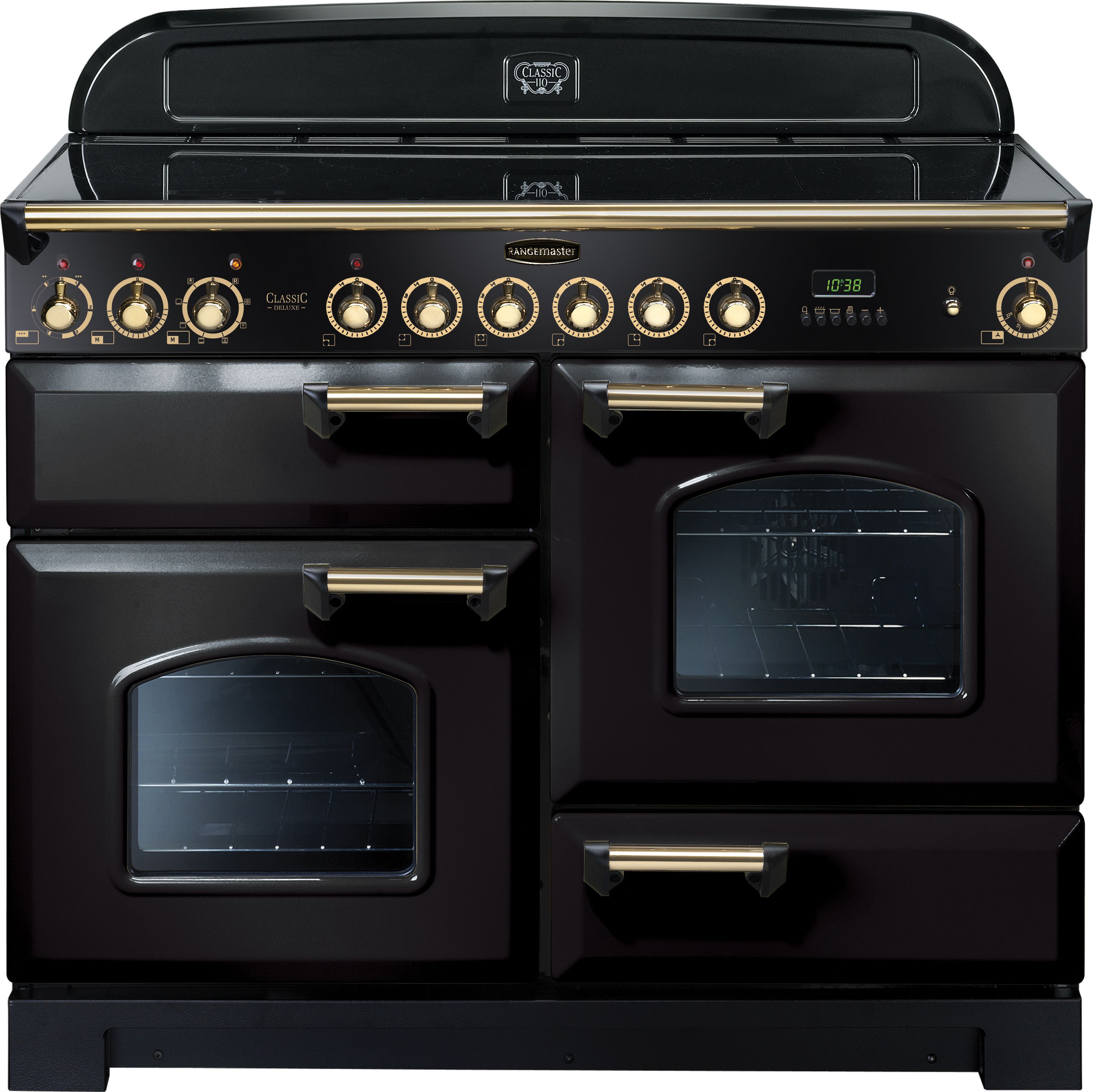 Rangemaster Classic Deluxe CDL110ECBL/B 110cm Electric Range Cooker with Ceramic Hob - Black / Brass - A/A Rated, Black