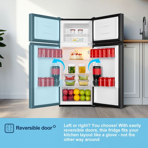 Fridgemaster MTM48120EB 117cm 80/20 Small Fridge Freezer - Black - Annotation - Reversible door shot