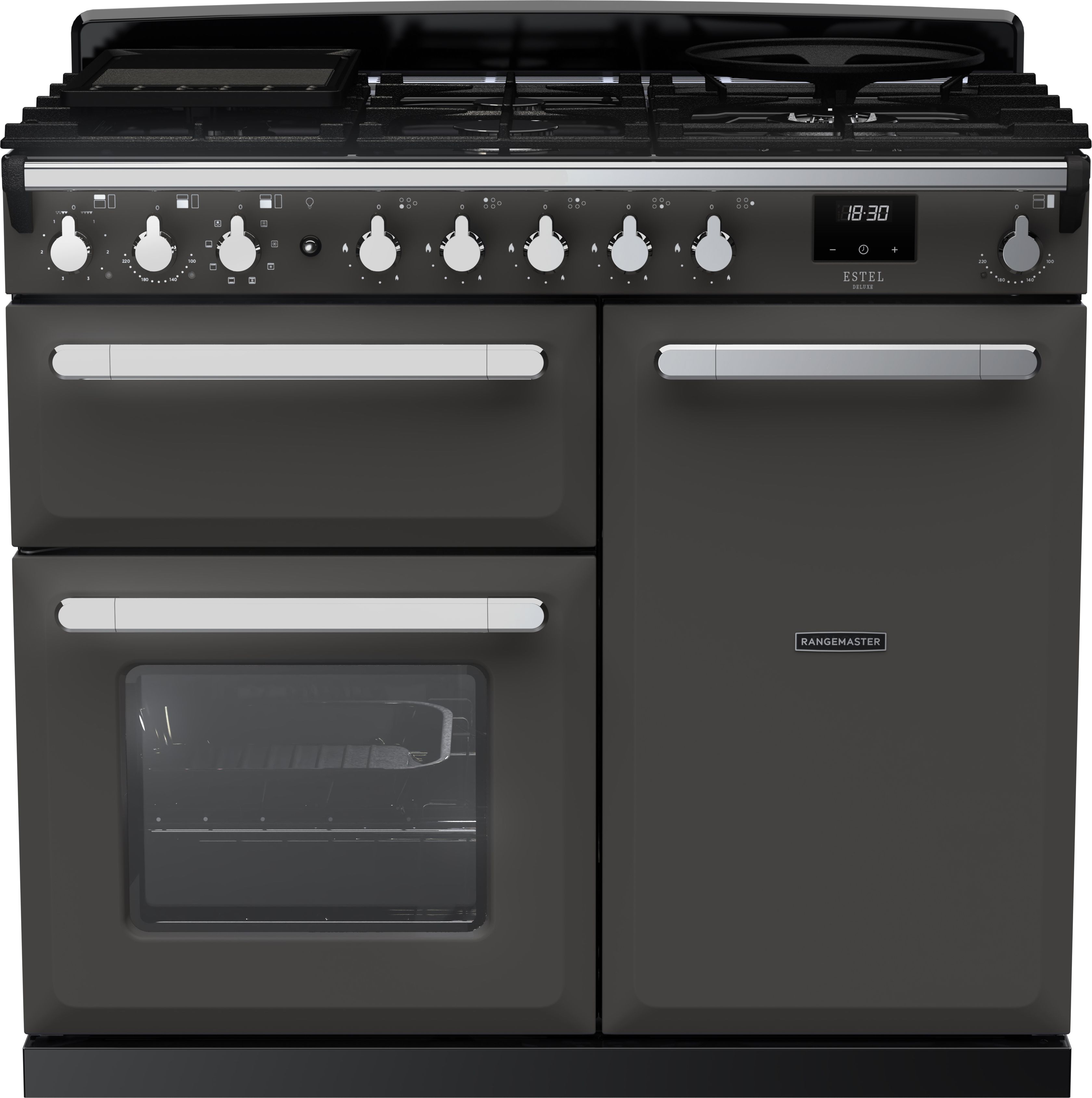 Image of Rangemaster Estel Deluxe ESDL100DFPSLT/CM1 100cm wide Dual Fuel Range Cooker with Gas Hob - Slate / Chrome - A/A Rated, Grey