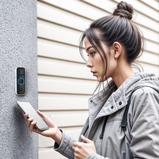 Swann Buddy4K - Woman stood at doorbell looking at her phone