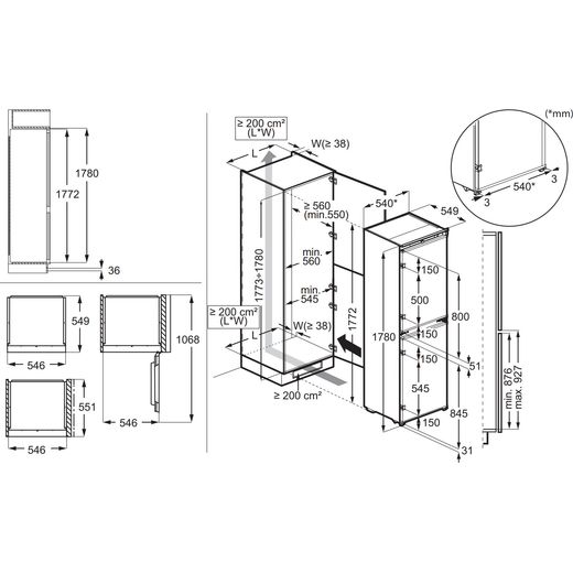 AEG OSC7T185ES 177cm 50/50 Integrated Frost Free Fridge Freezer - White - annotation - dimension shot