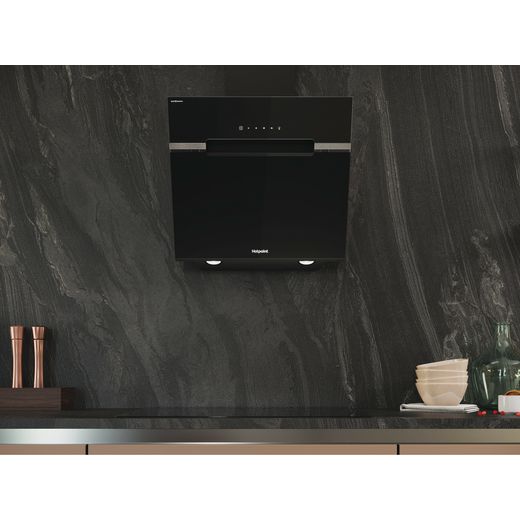 Hotpoint PHVS61FLTDPK Chimney Cooker Hood - Black - Cooker hood in kitchen above hob shot