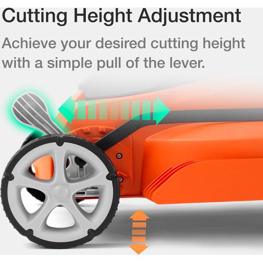 Flymo EasiStore 380R Corded Lawn Mower - Sunset Orange - annotation - height adjustment shot
