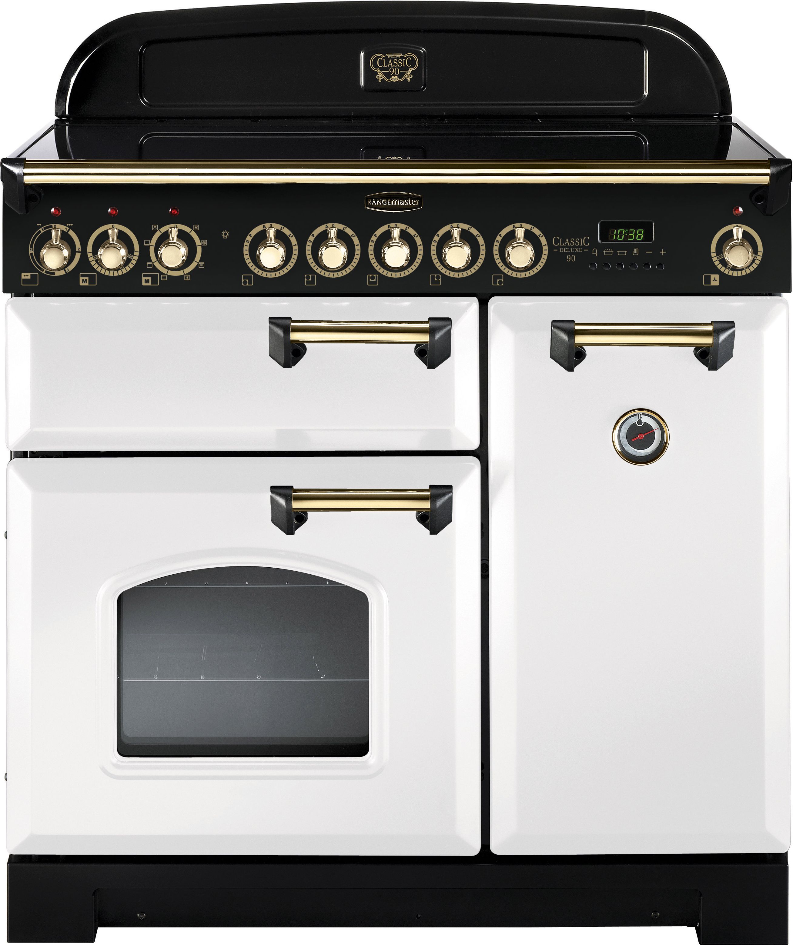 Rangemaster Classic Deluxe CDL90EIWH/B 90cm Electric Range Cooker with Induction Hob - White / Brass - A/A Rated, White