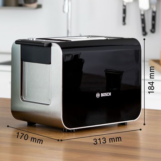 Bosch Styline TAT8613NGB 2 Slice Toaster - Black - Annotation - dimension shot