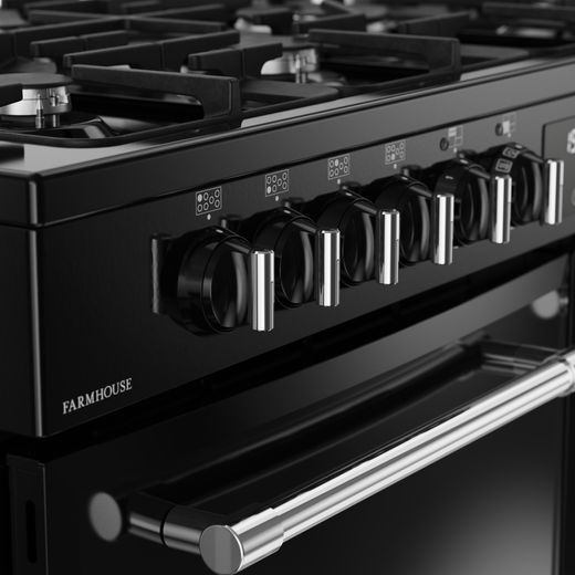 Belling FARMHOUSE 110DF Dual Fuel Range Cooker - Black / Antique Brass - Control dials
