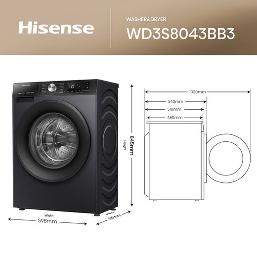 Hisense 3S Series 8Kg / 5Kg Washer Dryer - Black - Annotation - Dimension shot 