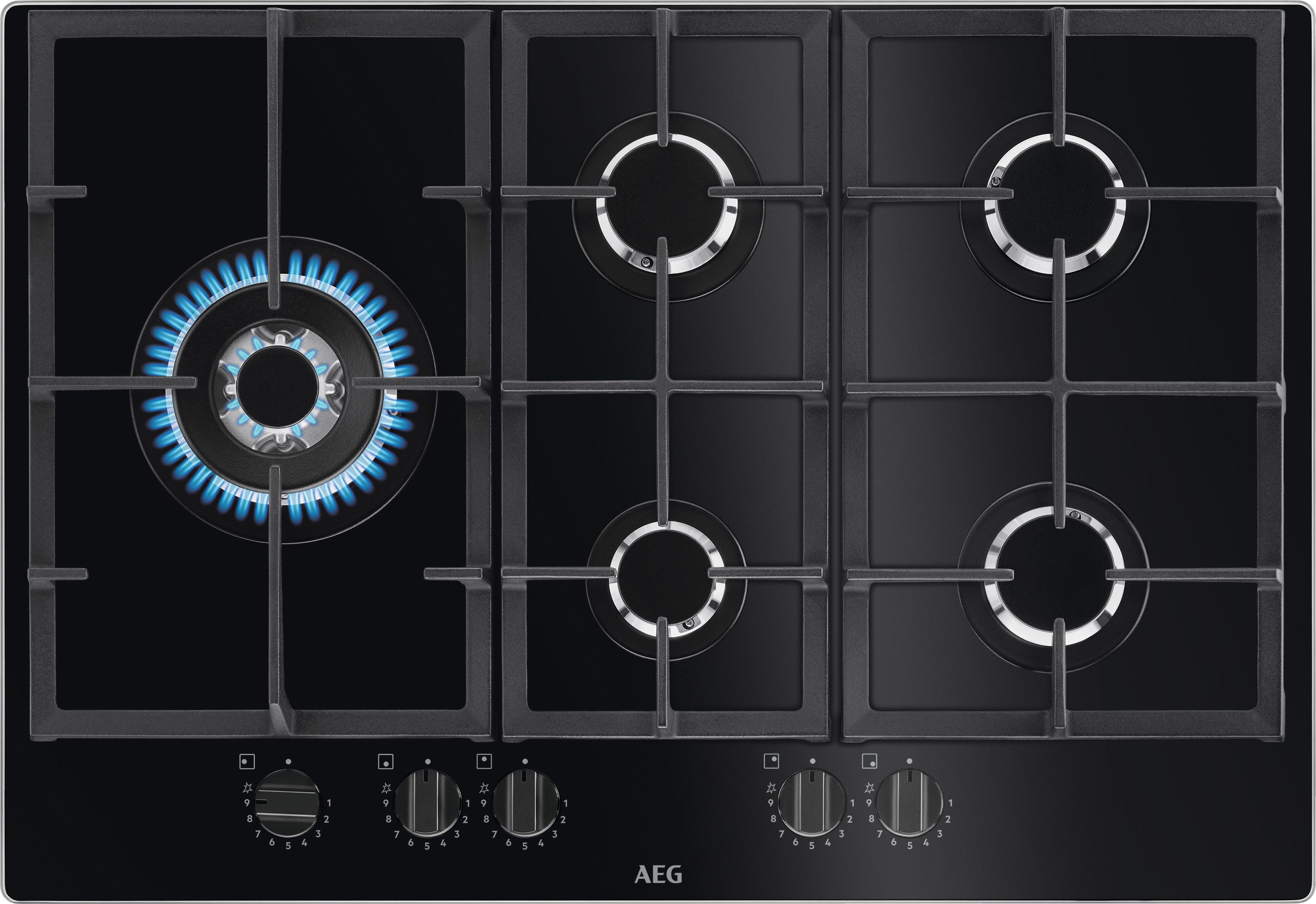AEG 75cm Gas Hob - Black - 5 Burners - Cast Iron Pan Supports - StepPower