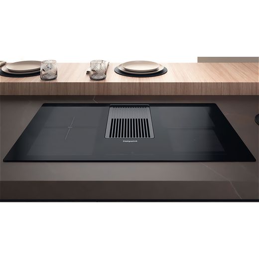 Hotpoint PVH92BK/FKIT 83cm Venting Induction Hob - Black - Close up hob in counter shot