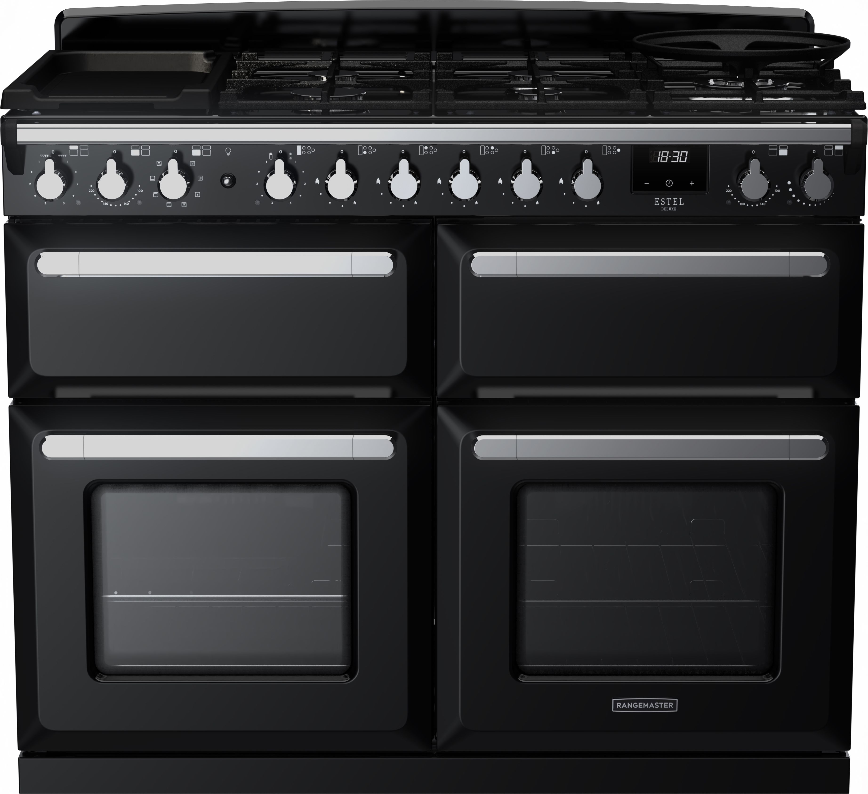 Image of Rangemaster Estel Deluxe ESDLB110DFPGBL/CM1 110cm wide Dual Fuel Range Cooker with Gas Hob - Black / Chrome - A/A Rated, Black