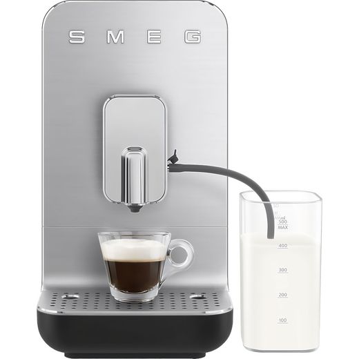 Smeg BCC13BLMUK Bean to Cup Coffee Machine - Matte Black - Front with milk attachment pipe shot