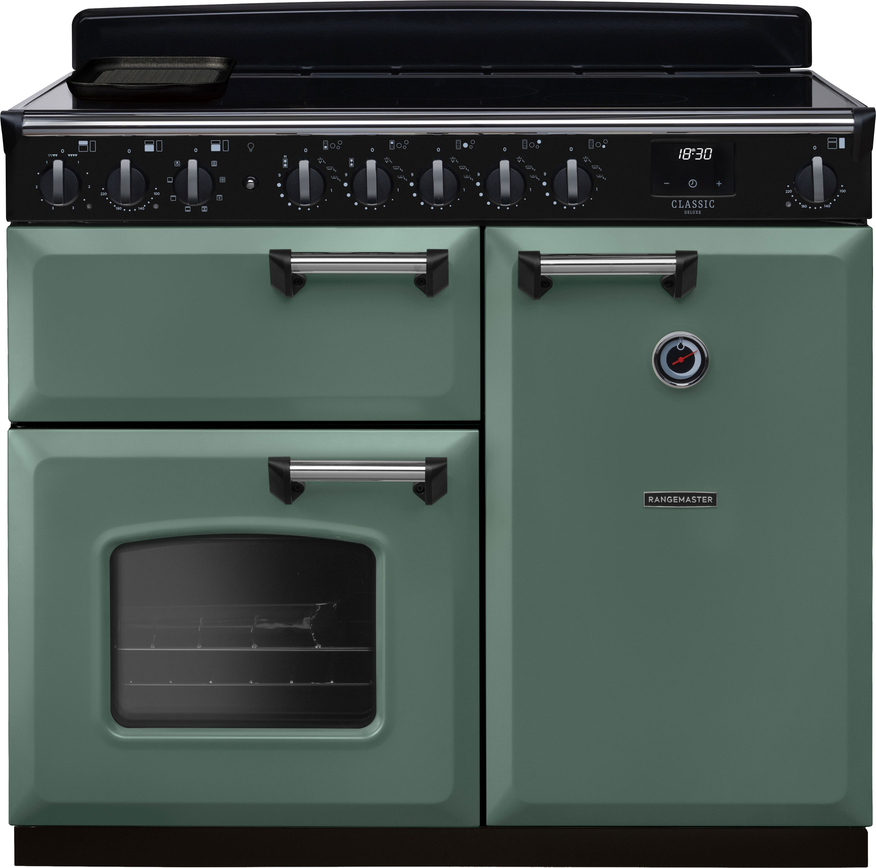 Image of Rangemaster Classic Deluxe CLDL100EIPMGR/CM1 100cm wide Electric Range Cooker with Induction Hob - Mineral Green / Chrome - A/A Rated, Green