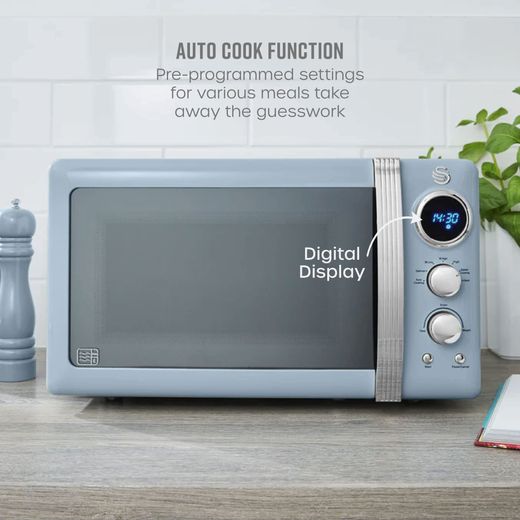 Swan Retro SM22030LBLN 20 Litre 26cm High, Freestanding Small Standard Microwave Oven - Blue - Annotation - Auto cook shot